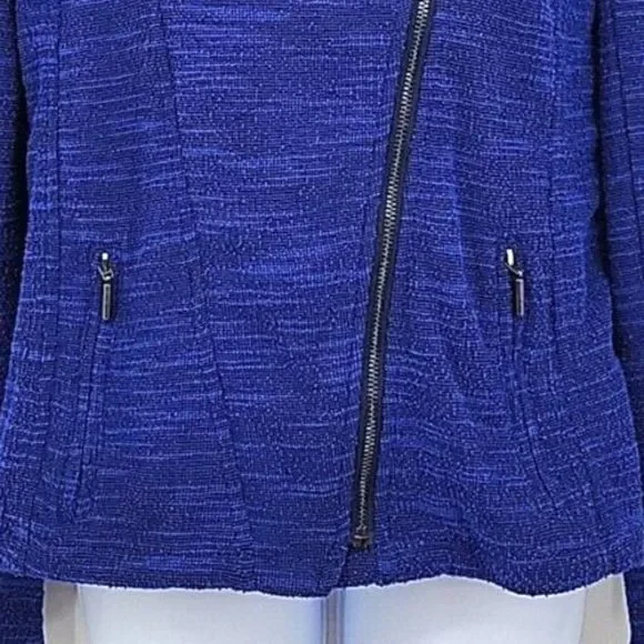 H by Halston Womens Tweed Jacket Size 6 Blue Zippers Asymmetrical Stretchy‎ - Picture 3 of 8